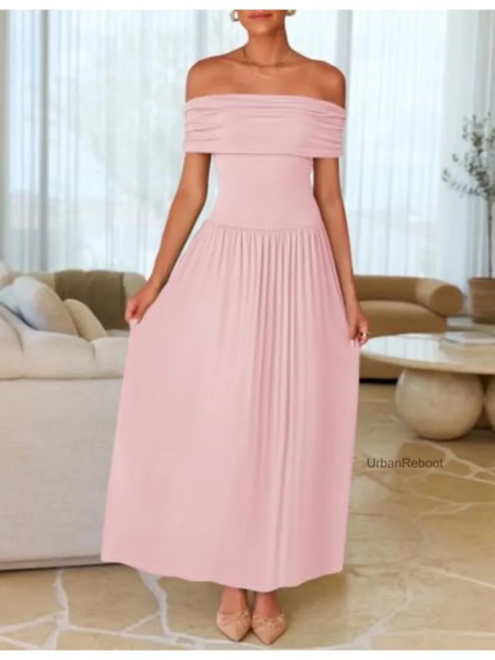 Off Shoulder Maxi Dress Sleeveless Backless Pleated Swing Dress